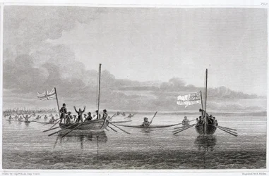 Eskimaux que vem para os barcos na baía de Shoalwater, julho 7, 1826, de "narrativa de uma segunda expedição às costas do mar polar nos anos 1825-27" por Sir John Franklin (1786-1847) gravado